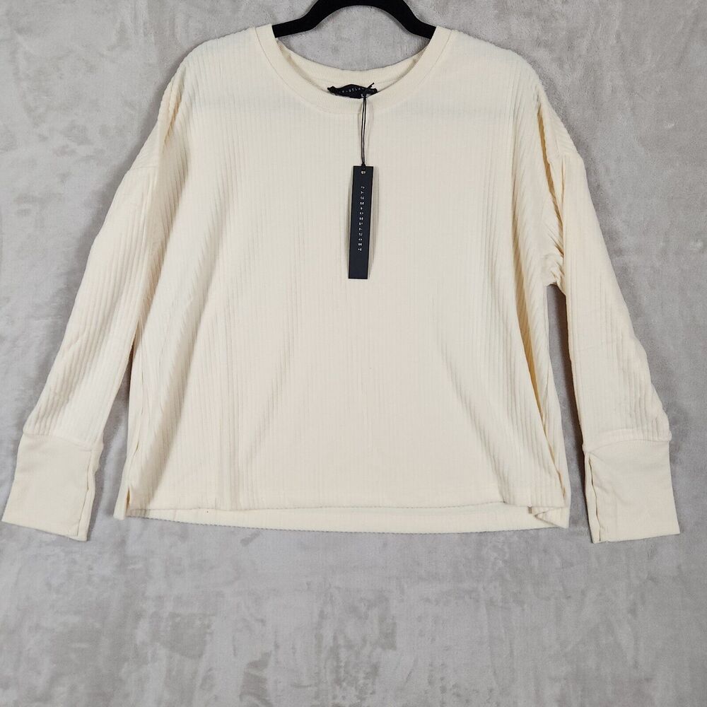 Jane & Delancey Rib Button Long Sleeve Pullover Top Stretch Crew Neck Cream NWT